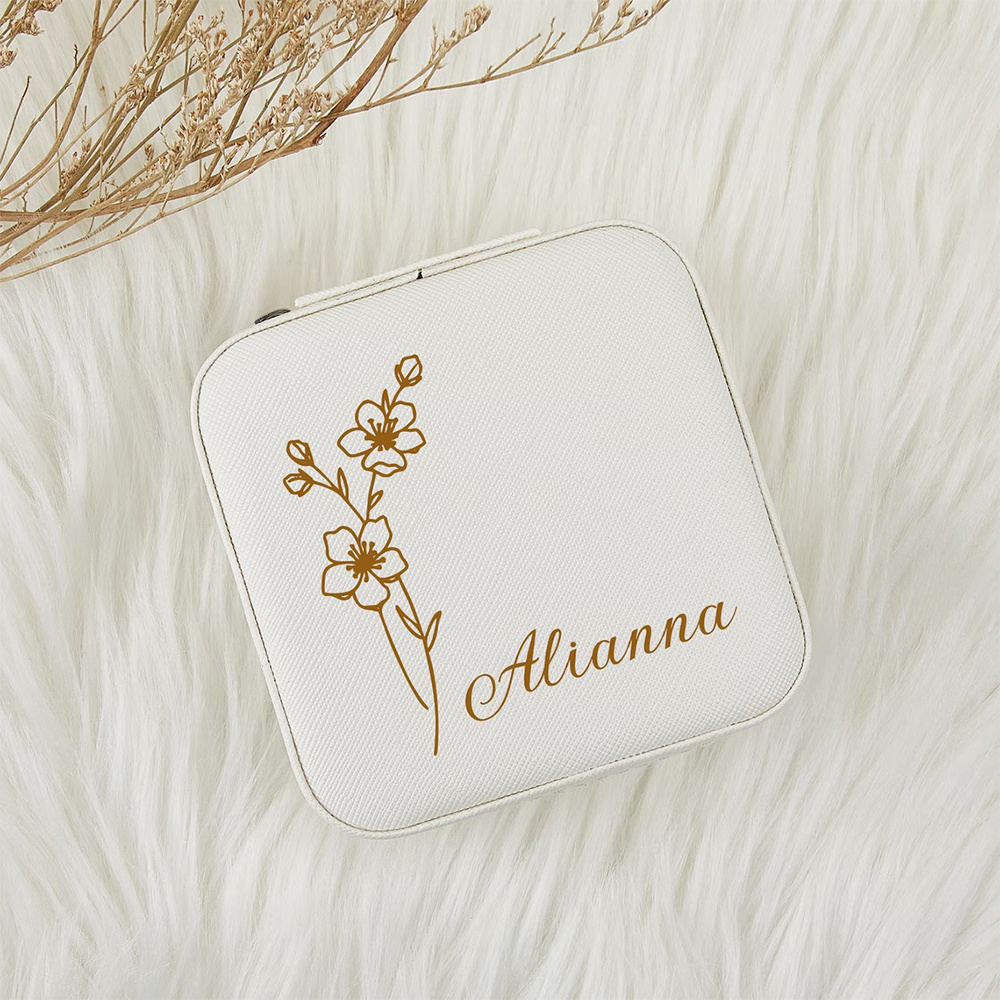 

1pc Customized Birthday Flower Jewelry Box, Leather Jewelry Travel Storage Box, Mom Gift, Personalized Gift For Bridesmaid, Valentines Day Gifts, Bridesmaid Gifts