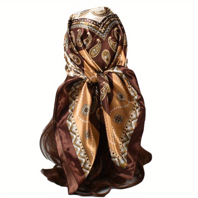 

33.8" Brown Paisley Printed Square Scarf Thin Smooth Satin Shawl Boho Style Sunscreen Headscarf For Women