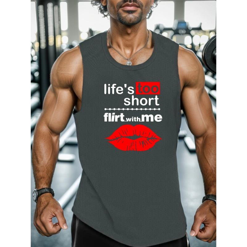 

Life Is Too Short Flirt With Me Print Men's Casual Sleeveless Tank Top Comfy Breathable Tops For Summer