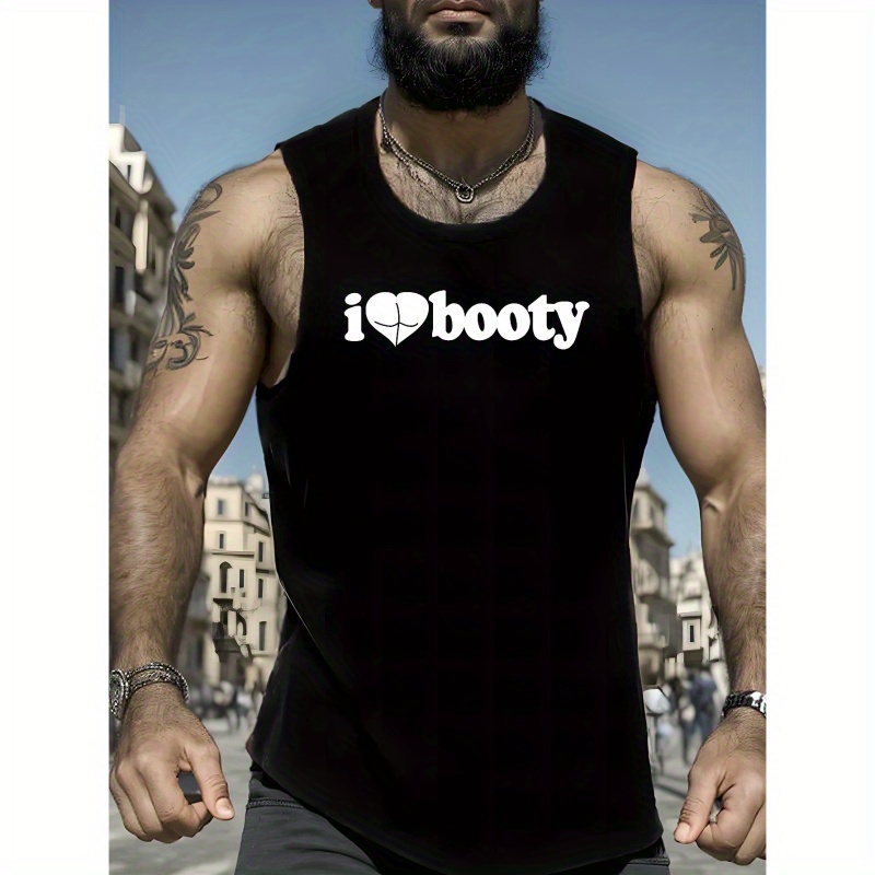 

i Love Booty" Graphic Print Casual Breathable Comfy Sleeveless Tank Tops For Men, Quick Drying Sports Vest, Men's Summer Clothes Outfits, Men's Undershirts Tops