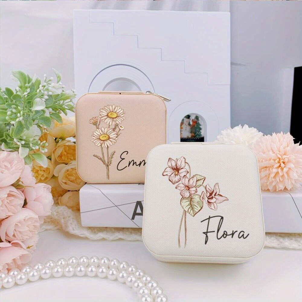 

1pc Customized Birthday Flower Jewelry Box, Leather Jewelry Travel Storage Box, Mom Gift, Personalized Gift For Bridesmaid, Valentines Day Gifts, Bridesmaid Gifts