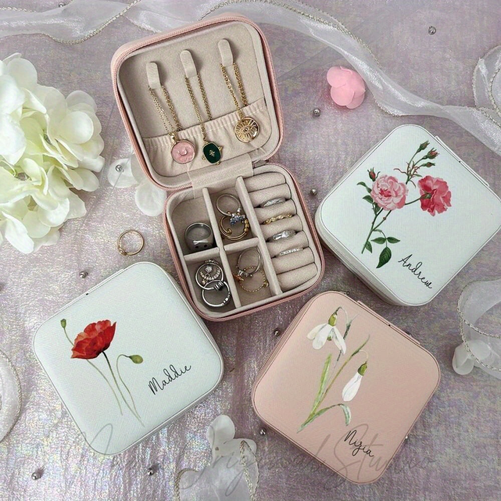 

1pc Customized Birthday Flower Jewelry Box, Leather Jewelry Travel Storage Box, Mom Gift, Personalized Gift For Bridesmaid, Valentines Day Gifts, Bridesmaid Gifts