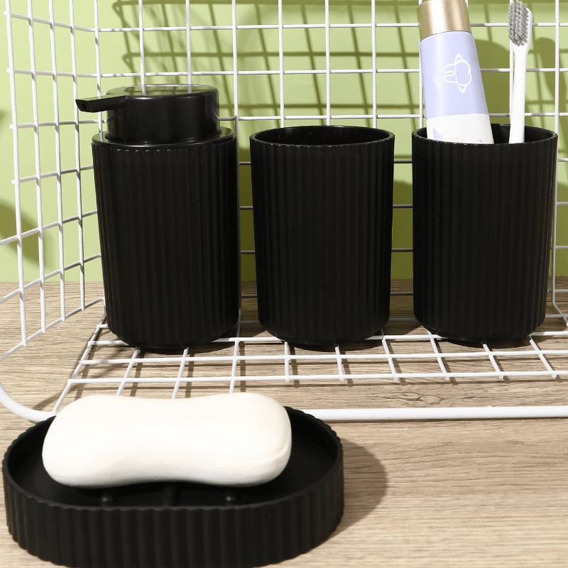 

4pcs/set Bathroom Toiletry Set, 2 Bathroom Travel Toiletry Cups, Lotion Dispenser Bottle, Soap Tray, Black Plastic Toiletry Set For Bathroom