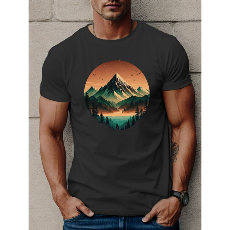 

Mountains Landscape Print T Shirt, Tees For Men, Casual Short Sleeve T-shirt For Summer