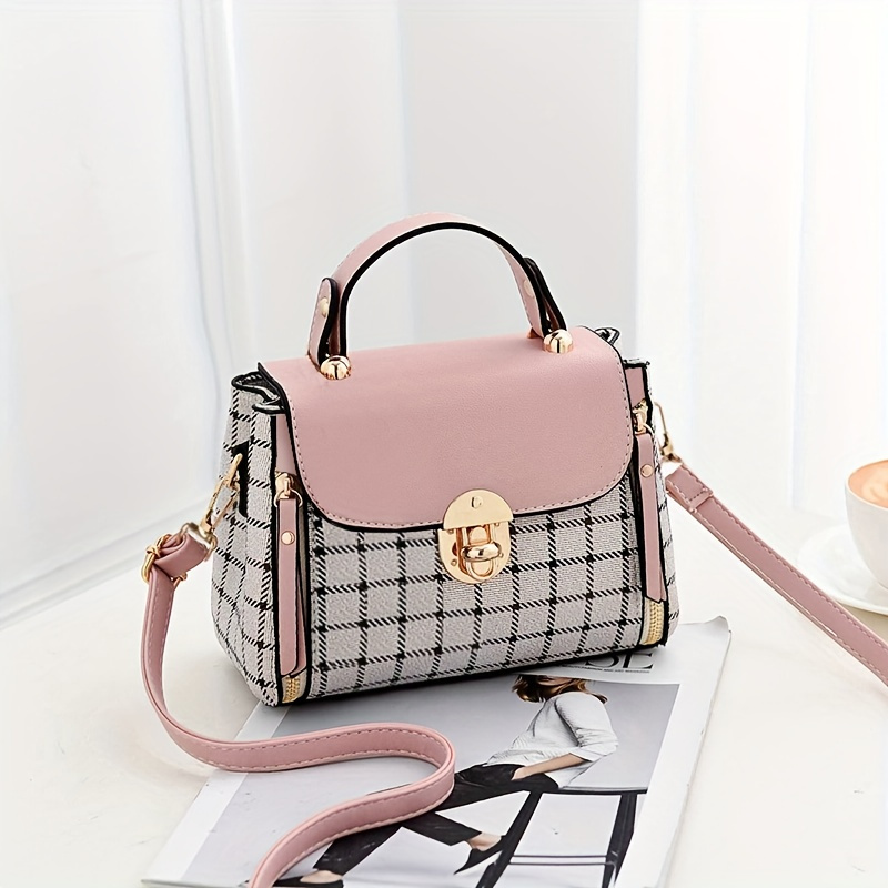 

Elegant Korean Plaid Pu Leather Shoulder Crossbody Bag For Women, Fashionable Small Checked Handbag