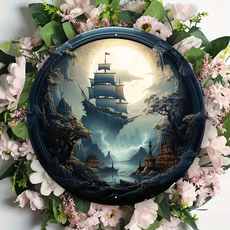 

1pc 8x8inch Aluminum Metal Sign A Pirate Ship Sailing Under A Full Moon, Home Decor, Circular Iron Paintings, Taverns, And Caves, Suitable For Various Scenarios Such As Homes, Taverns, Clubs, Etc