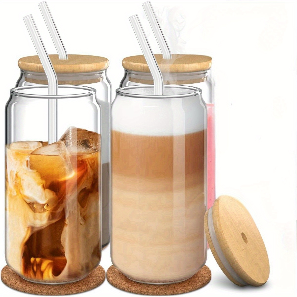 

1pc/4pcs, Glass Cups With Bamboo Lids And Straws, 17oz Iced Coffee Cup For Ice Coffee, Bar Accessories, Aesthetic Cute Drinking Water Cup Glasses For Home Essentials Housewarming Gift