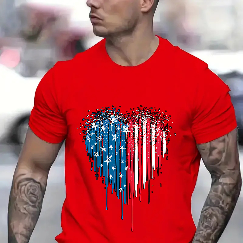 

Love Heart Graphic Men's Short Sleeve T-shirt, Comfy Stretchy Trendy Tees For Summer, Casual Daily Style Fashion Clothing