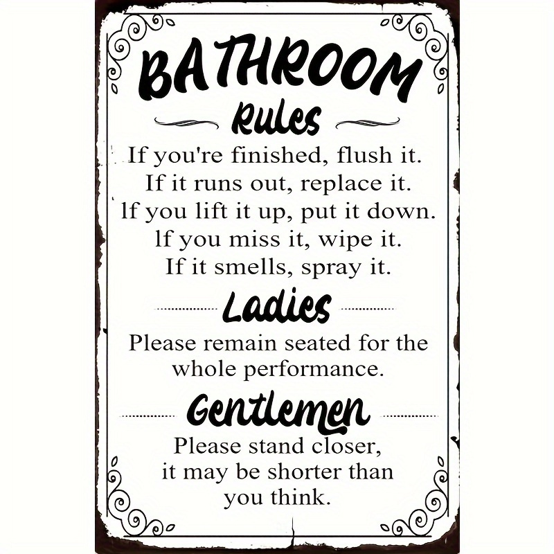 

Humorous Bathroom Rules Sign, 7.8" X 5.85", Fiberboard Wall Decor With Tape, Funny Toilet Etiquette For Guest Restrooms, Bathroom Decor And Accessories