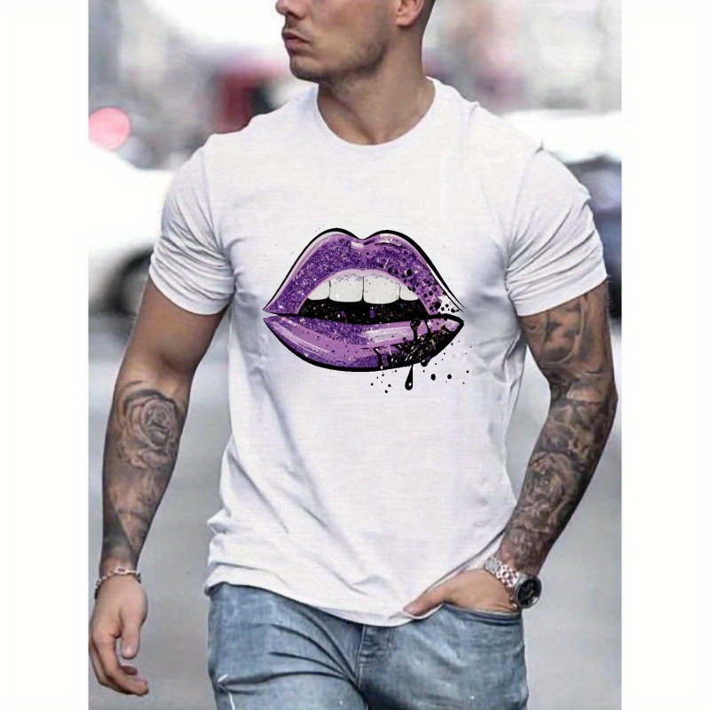 

Purple Lips Print T Shirt, Tees For Men, Casual Short Sleeve T-shirt For Summer