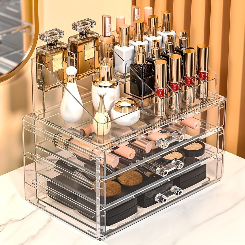 

1pc Clear Plastic Makeup Storage Box, Large Capacity Skin Care Organizer, Transparent Cosmetic Display Box, Stackable Storage Box With 3 Drawers, For Dressing Table