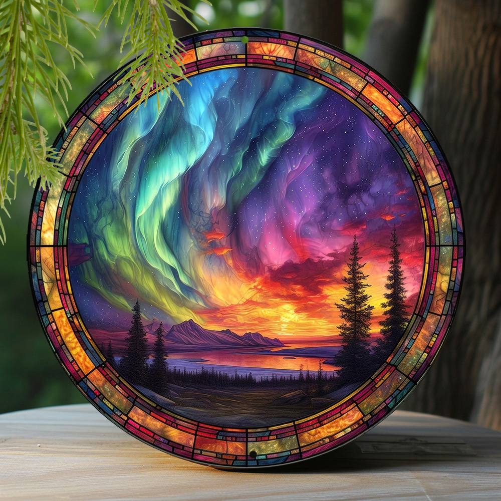 

1pc 8x8 Inch Spring Aluminum Metal Sign Faux Stained Glass Circular Wreath Decorative Sign Living Room Decor Pet Lovers Gifts Northern Lights Theme Decoration R13