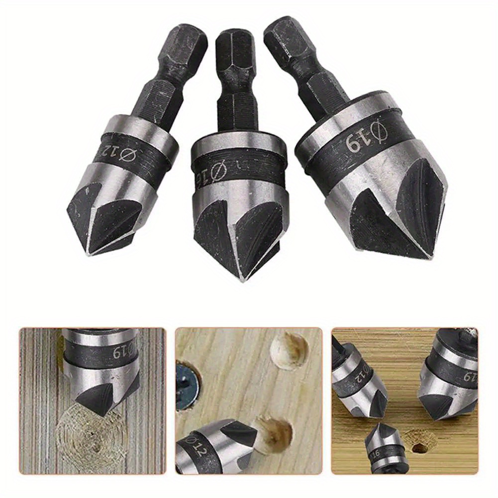 3pcs carbon steel 90 degree 1 4 hexagonal shank chamfering woodworking hole opener drill bits details 1