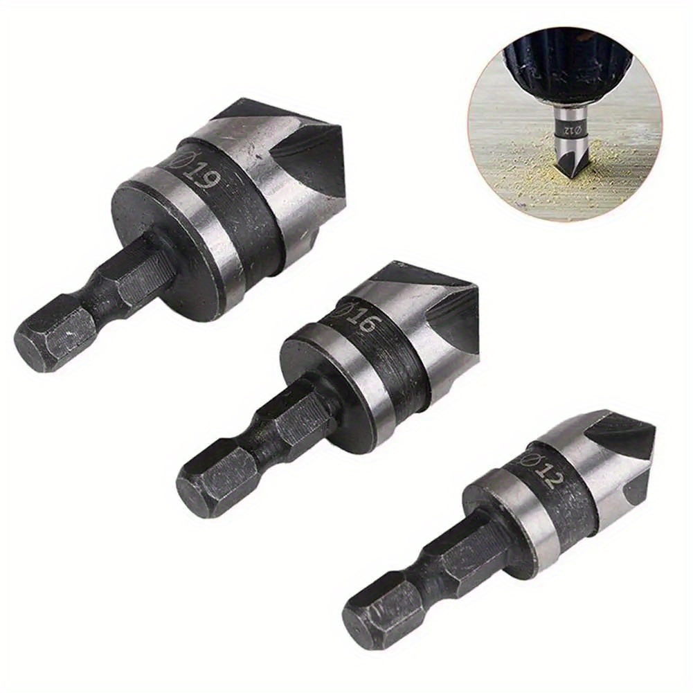 3pcs carbon steel 90 degree 1 4 hexagonal shank chamfering woodworking hole opener drill bits details 4