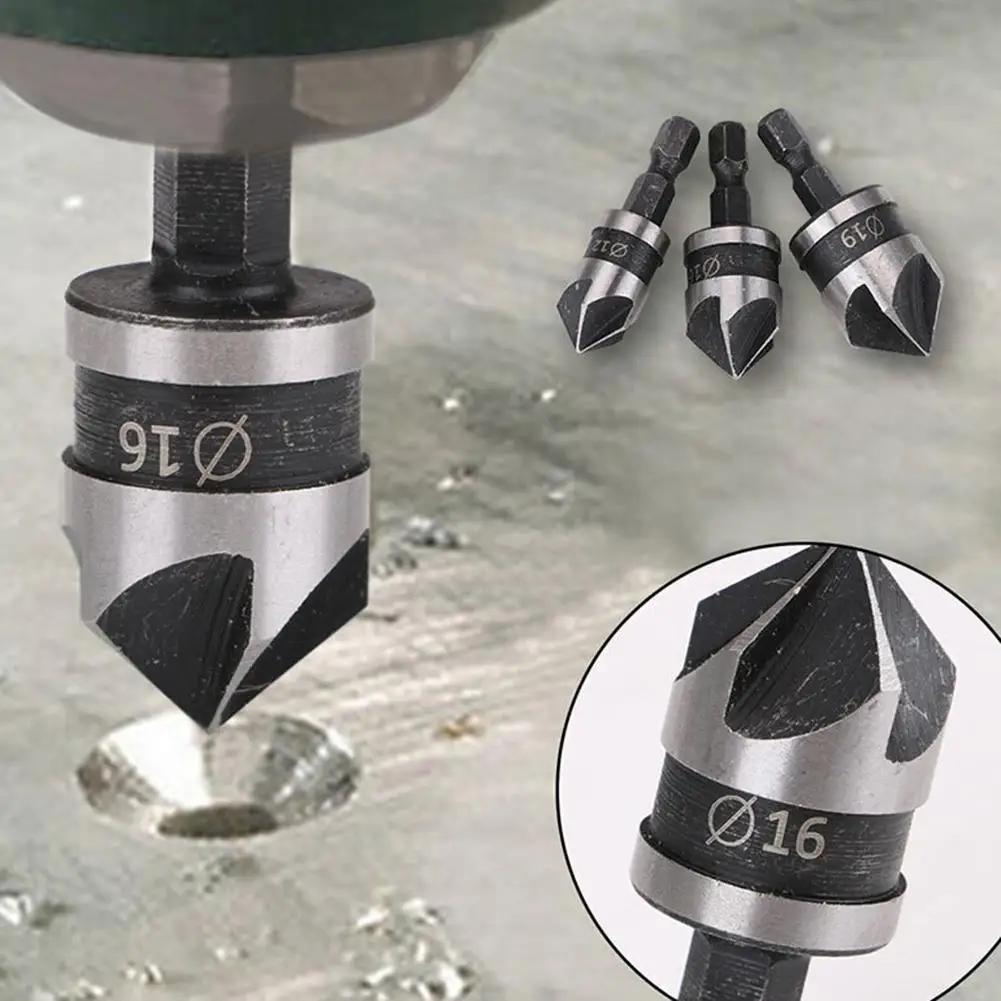 3pcs carbon steel 90 degree 1 4 hexagonal shank chamfering woodworking hole opener drill bits details 0
