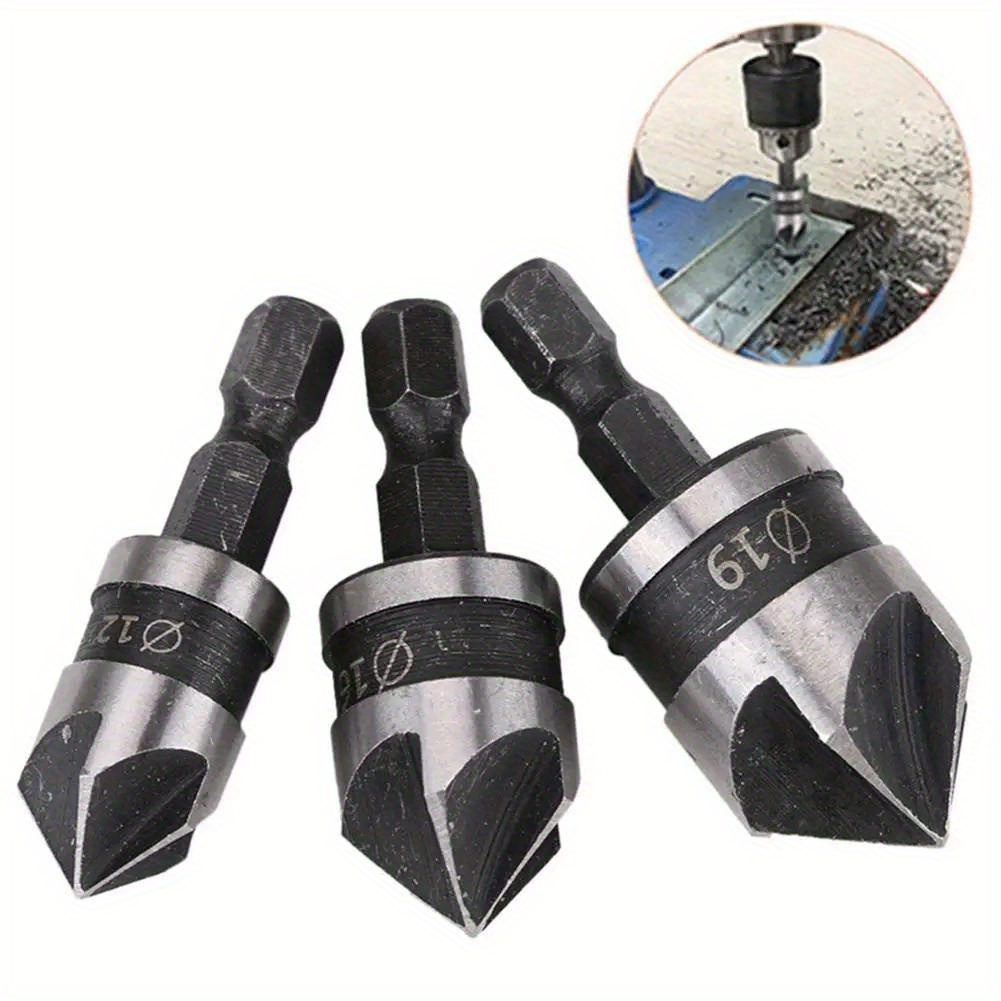 3pcs carbon steel 90 degree 1 4 hexagonal shank chamfering woodworking hole opener drill bits details 2
