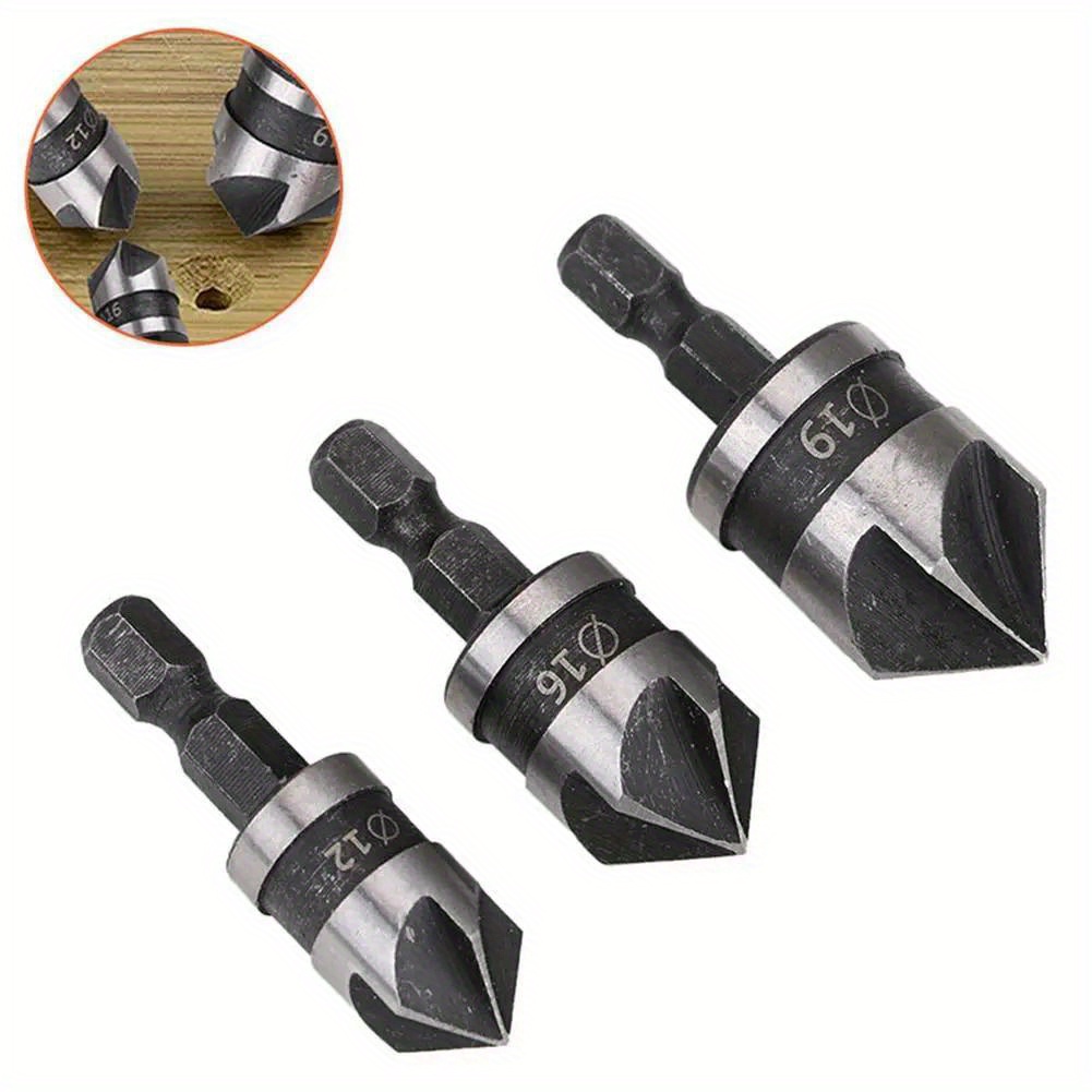 3pcs carbon steel 90 degree 1 4 hexagonal shank chamfering woodworking hole opener drill bits details 3