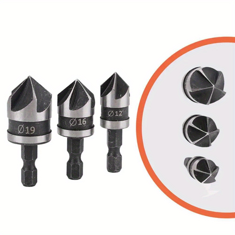 3pcs carbon steel 90 degree 1 4 hexagonal shank chamfering woodworking hole opener drill bits details 5