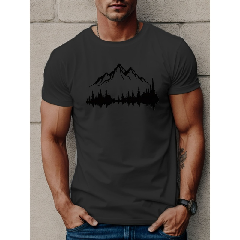 

Mountains And Trees Print T Shirt, Tees For Men, Casual Short Sleeve T-shirt For Summer