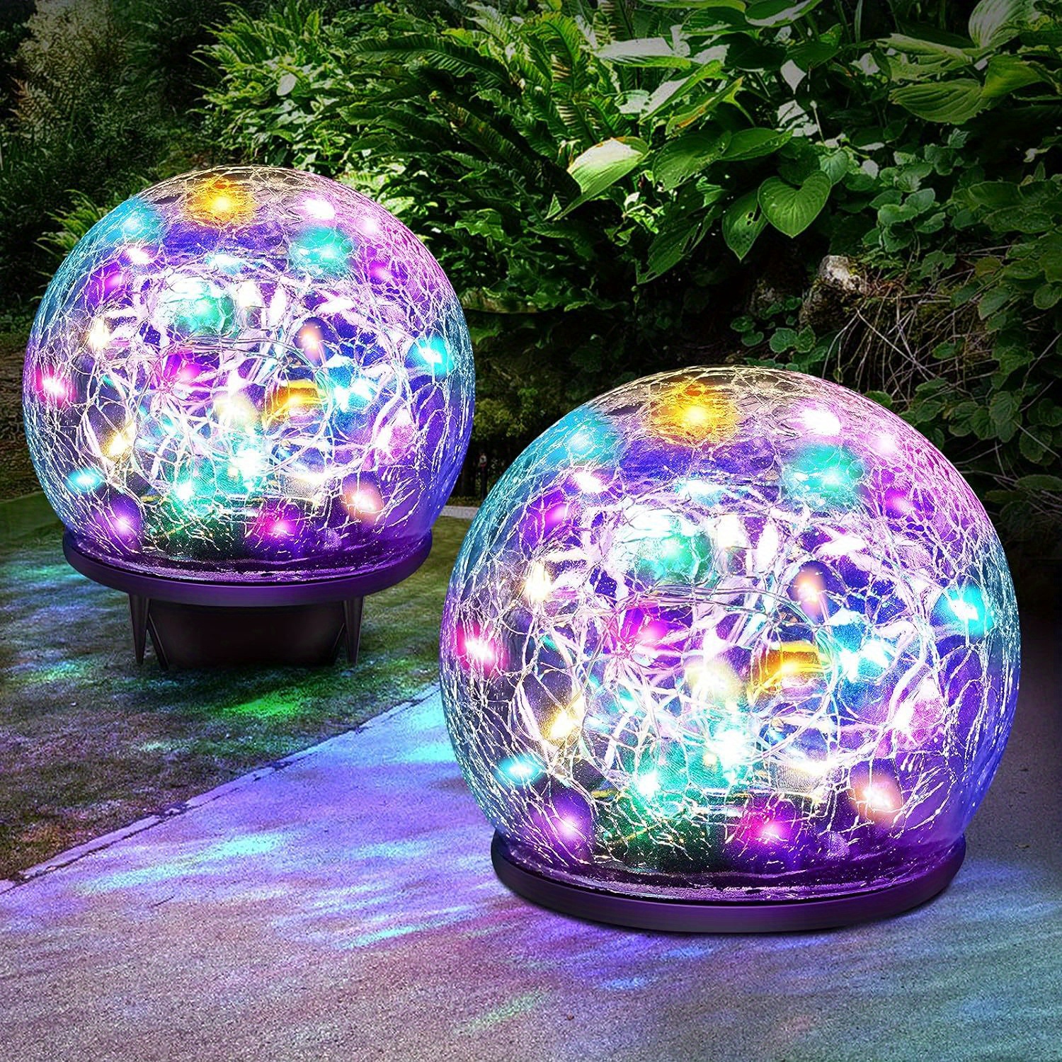 

2pcs Garden Solar Lights Outdoor Decorative, 20 Led Colored Cracked Glass Solar Globe Lights, Upgraded Waterproof Multicolor Ball Lights, For Yard Pathway Patio Lawn Outside Decoration