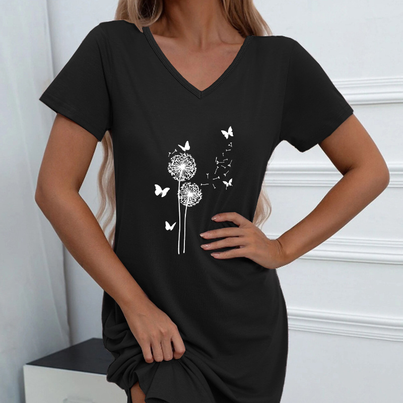 

Dandelion & Butterfly Print Pockets T-shirt Dress, Short Sleeve V Neck Casual Dress For Summer & Spring, Women's Clothing