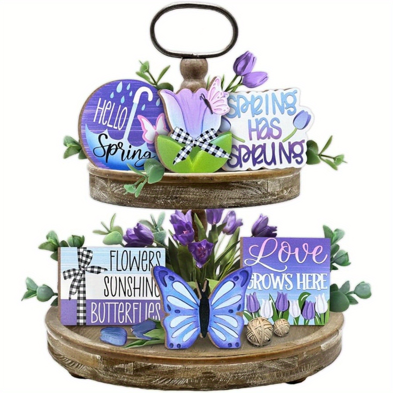 

1 Set Spring Tiered Tray Decor, Purple Tulip Farmhouse Tray Decorations Set, Hello Spring Butterfly Flower Love Grows Here Buffalo Plaid Wooden Signs, Spring Decor For Home Table Shelf Mantel Party