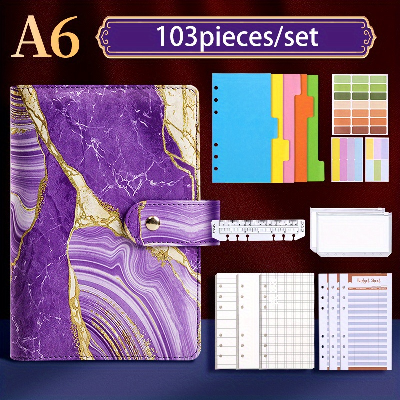 

103 Pieces/set Buckle Marble Contrast Color Binder Luxury Set A6 Loose-leaf Book Leather Pu Budget Book Marble Pattern Notebook Book Binder Handbook Marble Golden Leather Surface 80 Sheets 160 Pages