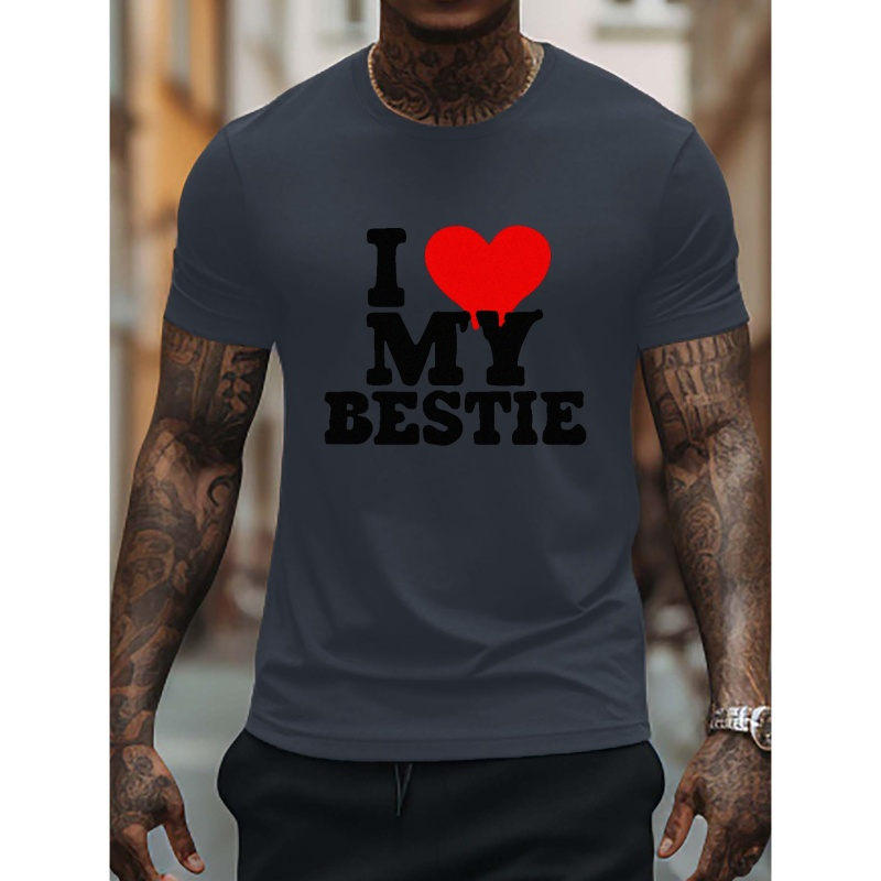 

I Love My Bestie Print Men's T-shirt, Casual Short Sleeve Breathable Comfy Summer Outdoor Sports Tops