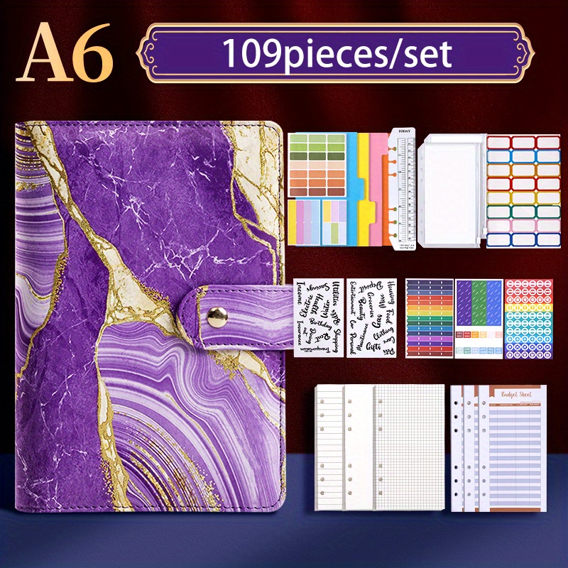 

109pcs/set Buckle Marble Contrast Color Binder Set A6 Loose-leaf Book Leather Pu Budget Book Marble Pattern Journal Book Thick Handwriting Paper Pu Fabric 80 Sheets 160 Pages