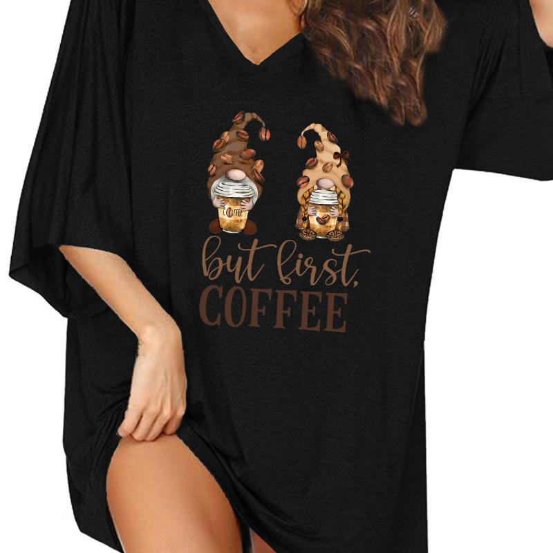 

Women's Causal Lounge Dress, Plus Size Coffee & Gnomes Graphic Half Sleeve V Neck Nightdress