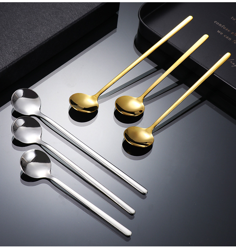 4 6pcs stainless steel spoon long handle ice spoon coffee stirring spoon golden small round spoon household mixing spoon for   coffee shop party flatware details 0