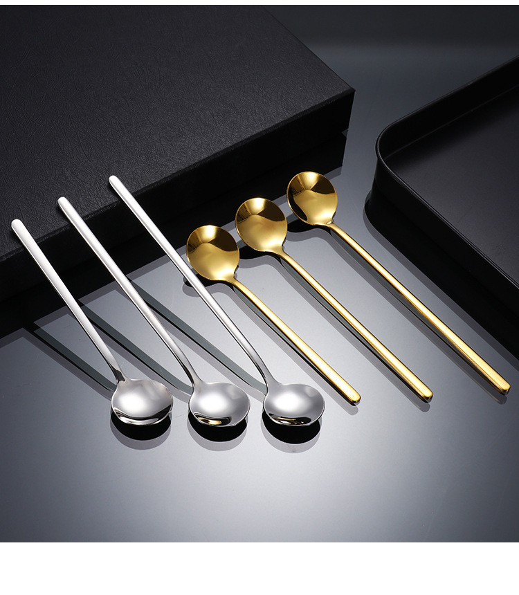 4 6pcs stainless steel spoon long handle ice spoon coffee stirring spoon golden small round spoon household mixing spoon for   coffee shop party flatware details 1