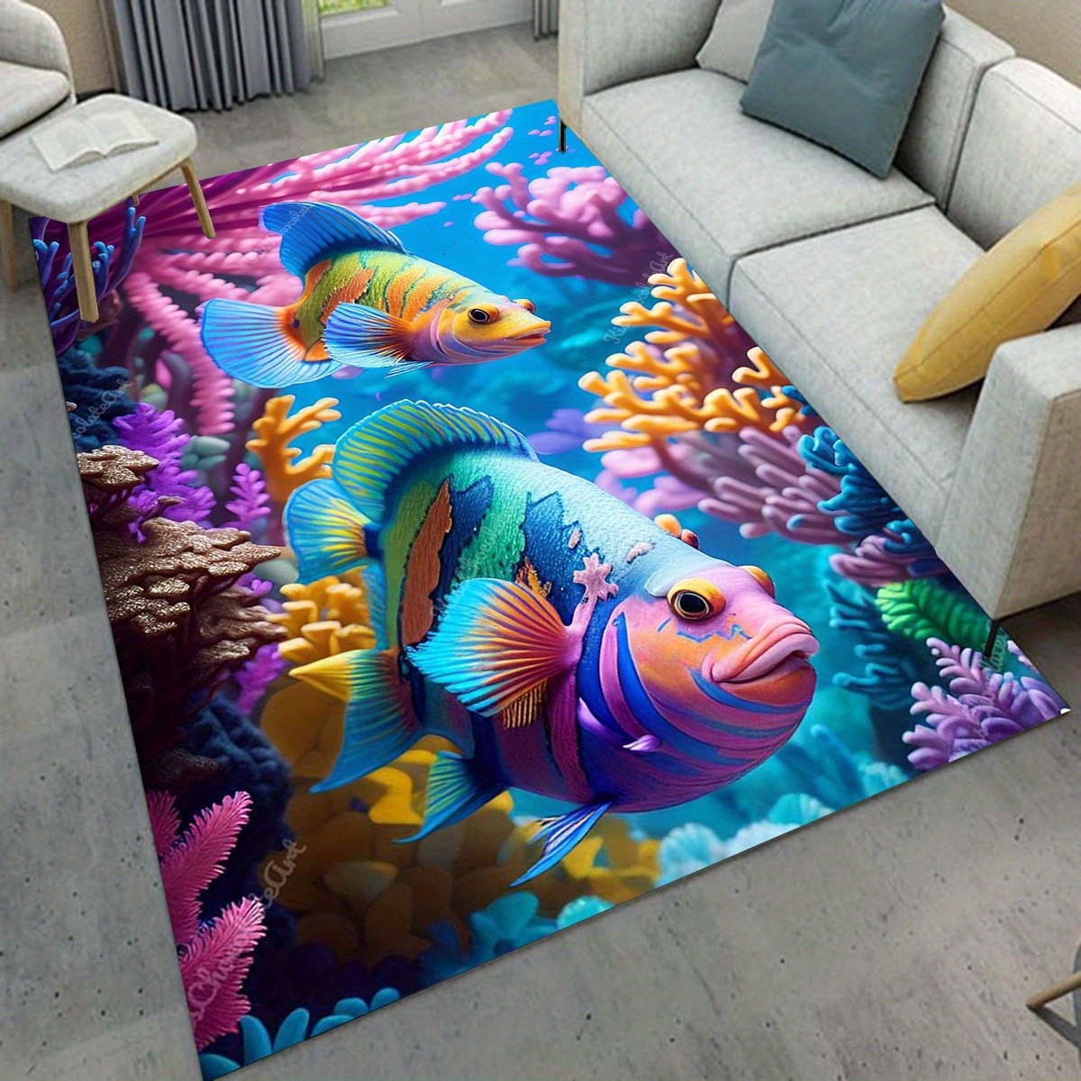 

1pc 800g/m2 Crystal Velvet Anti-slip Sea Fish Pattern Chair Carpet Living Room Mat Bedroom Polyester Rugs