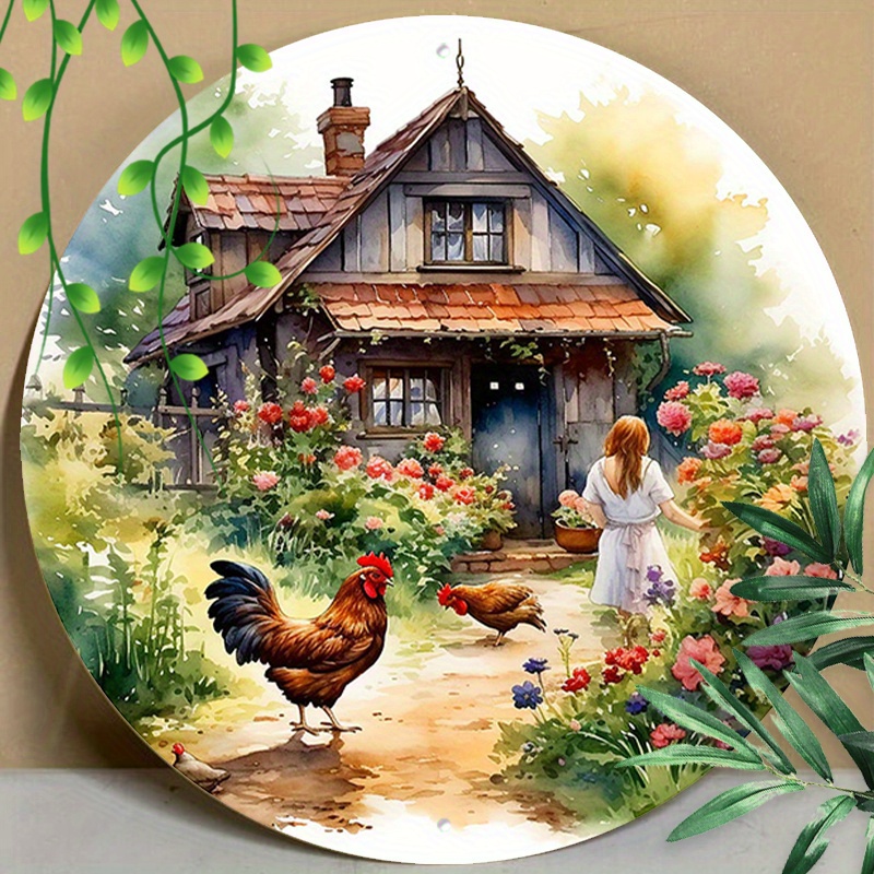 

1pc 8x8inch (20x20cm) Round Aluminum Sign, Woman And Chicken Metal Sign, Retro Vintage Gardening Metal Sign, Round Wreath Sign, For Bedroom Garden Bathroom Garage Hotel Cafe Office Bakery Decor