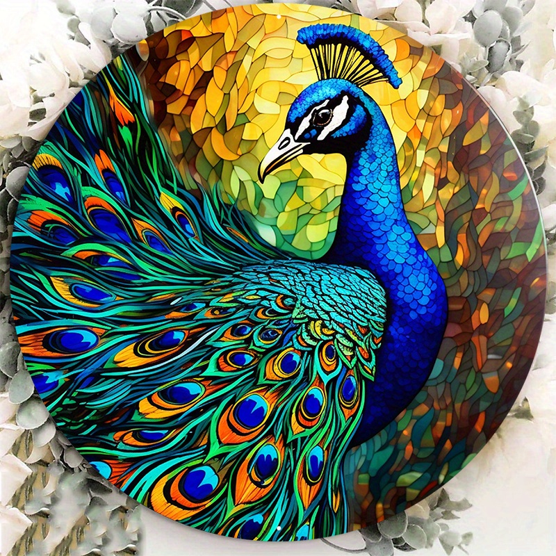 

1pc 8x8inch Aluminum Metal Sign, Peacock Faux Stained Glass Decorative Wreath Sign, For Bedroom Garden Bathroom Garage Hotel Cafe Office Bakery Decor