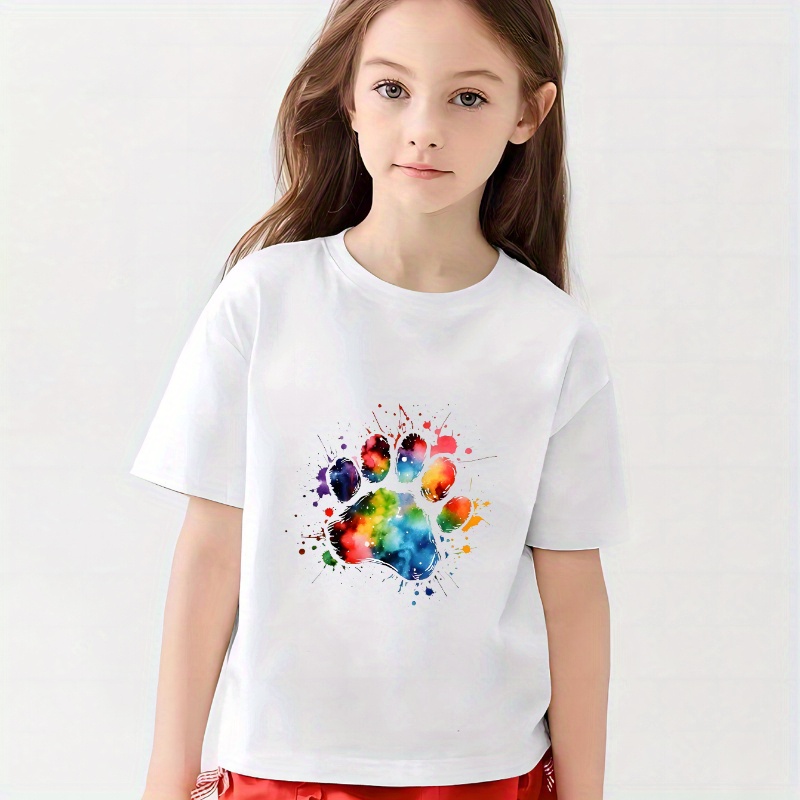 

Colorful Animal Paw Graphic Print, 95% Cotton Crew Neck T-shirt For Girls, Leisurely Short Sleeve Tees For Sports