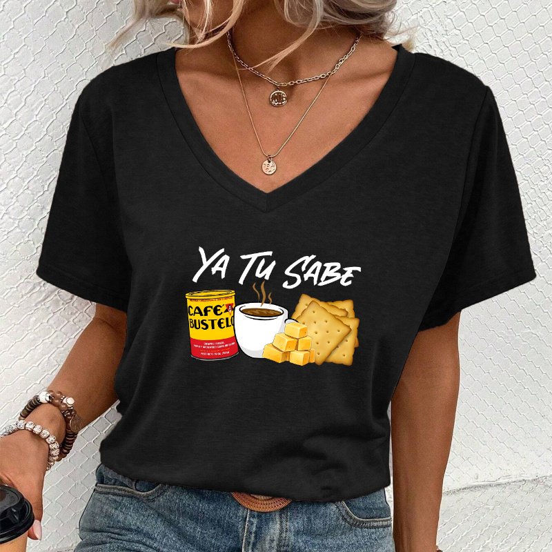 

Coffee & Cheese Print Casual T-shirt, V Neck Short Sleeves Sports Tee, Women's Comfy Tops