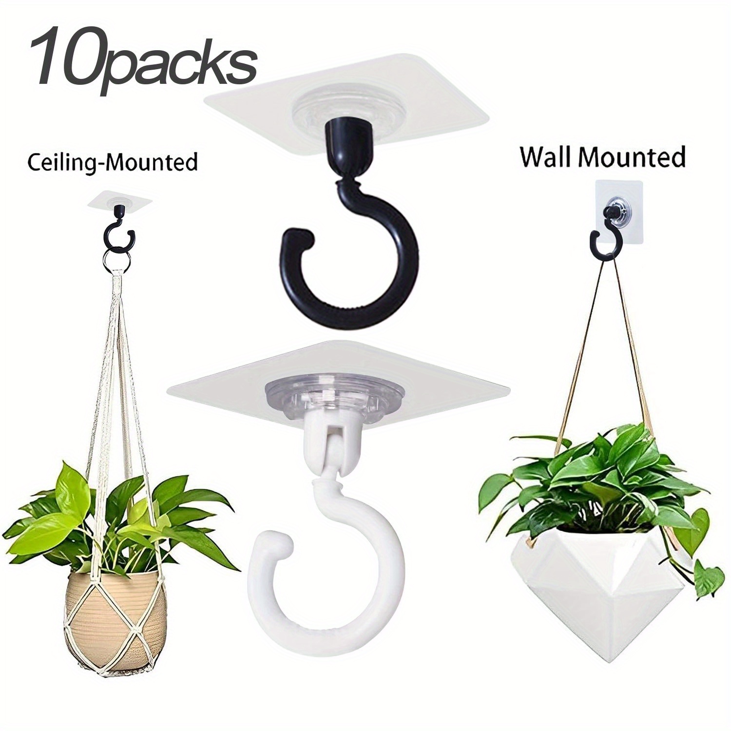 2pcs Adhesive Ceiling Hook And Wall Hooks No Drilling Swivel Ceiling Turn  360 Mounted Hooks For Hanging Small Plants Towel Coat Bag Bathroom Bedroom