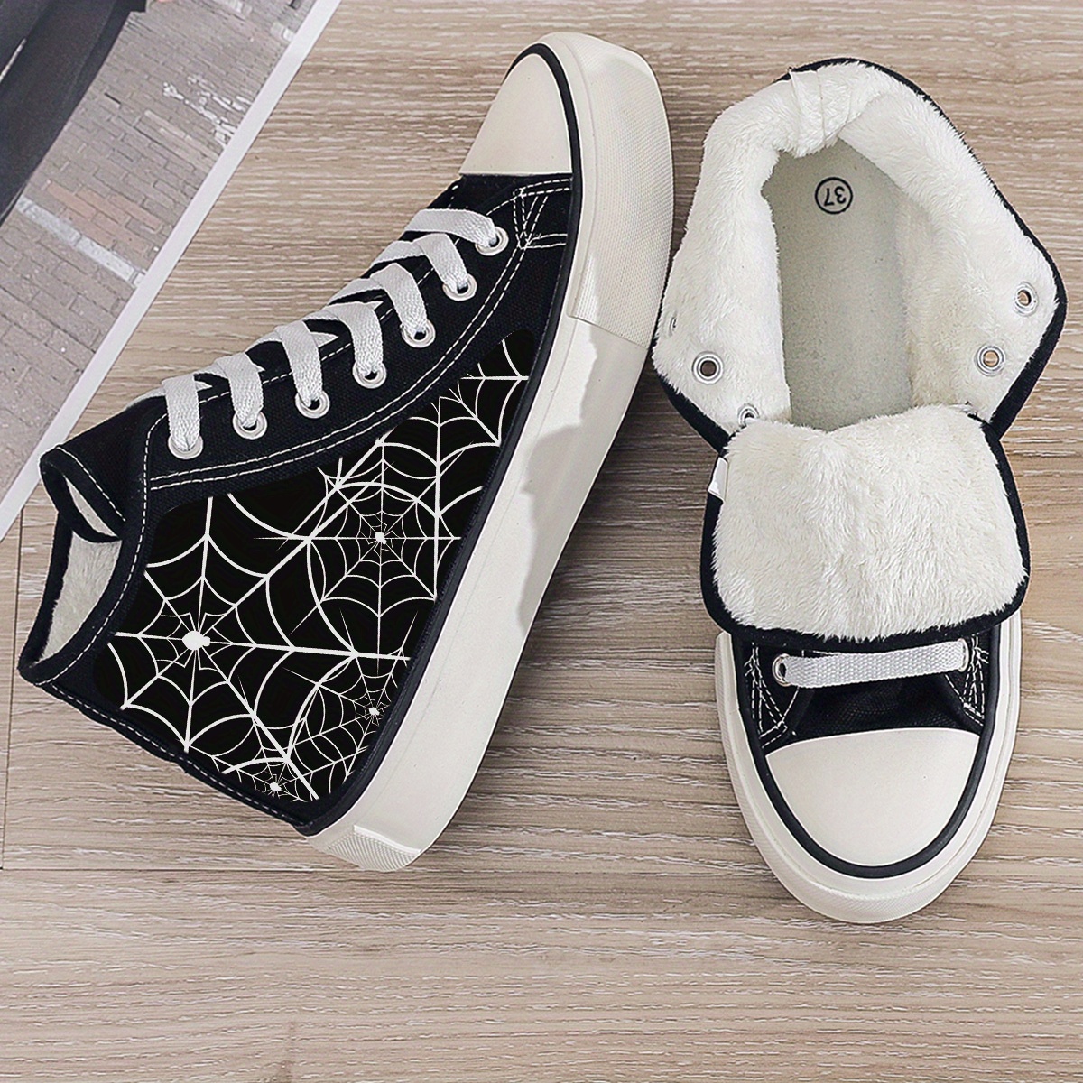 

Spider Net Print Trendy Plush Lined Thermal Chunky Canvas Sneakers, Flat Heighten Warm Breathable Non Slip Skate Shoes, Casual Versatile High Top Walking Shoes For Outdoor Sports