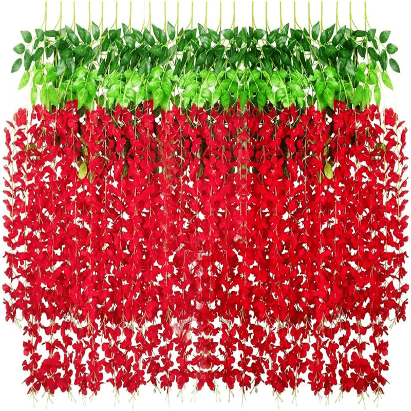

12 Pack Faux Wisteria Hanging Flowers, Fake Wisteria Garland Artificial Fake Wisteria Vine Rattan Hanging Garland Flowers For Home, Party, Wedding Decor, Spring Summer Decor, Red