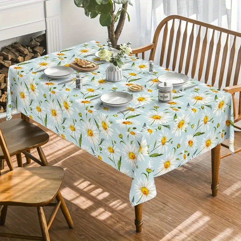 

1pc, Polyester Tablecloth, Daisy Pattern Table Cover, Pastoral Style Waterproof Oilproof Washable Table Cloth, Household Rectangular Tablecover, Kitchen Dining Table Decor, Room Decor, Wedding Decor