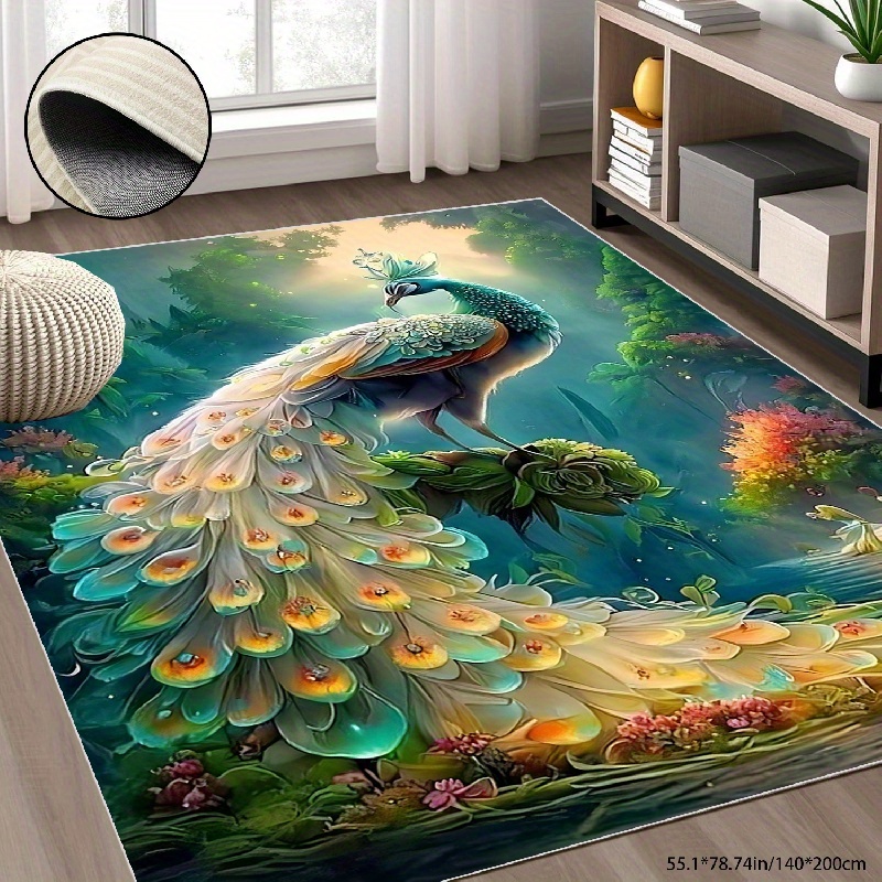 

Green Peacock Area Rugs For Living Room, Anti-slip Backing Washable Rug, Stain Resistant Abstract Area Rugs, Ultra-thin Large Home Decor Rug For Office