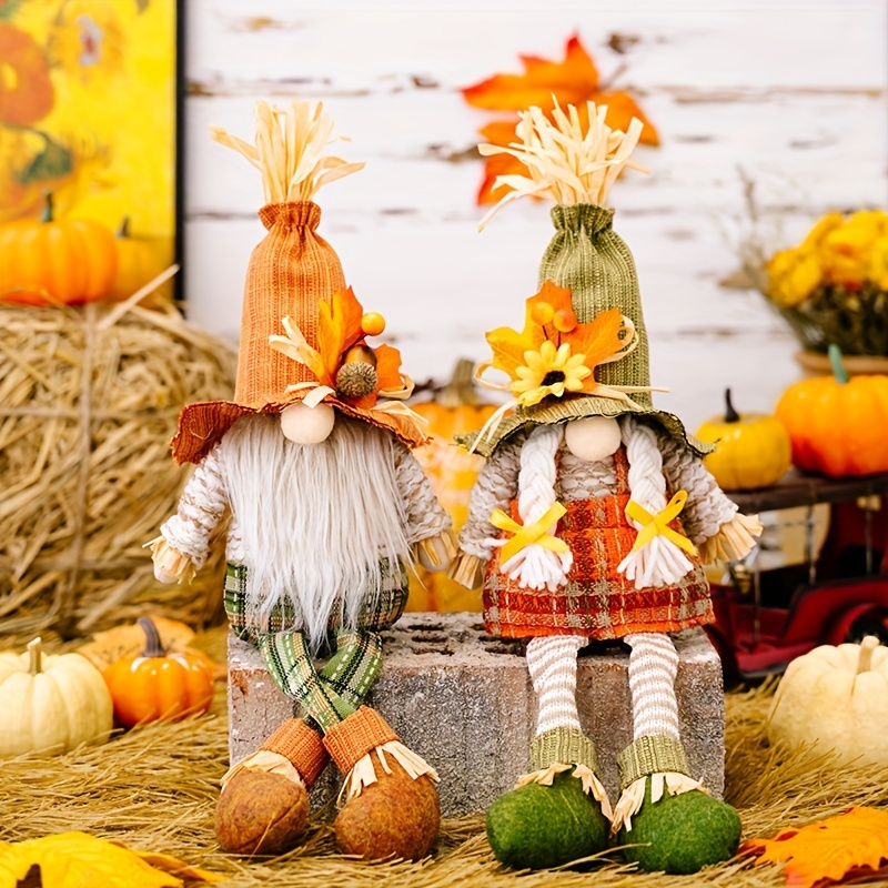 

2pcs Thanksgiving Decorations, Harvest Season Maple Leaf Straw Hat Rudolph, Hanging Leg Doll Gnome, Window Decoration Props, For Home Living Room Office Decor, Tabletop Display Entryway Decor