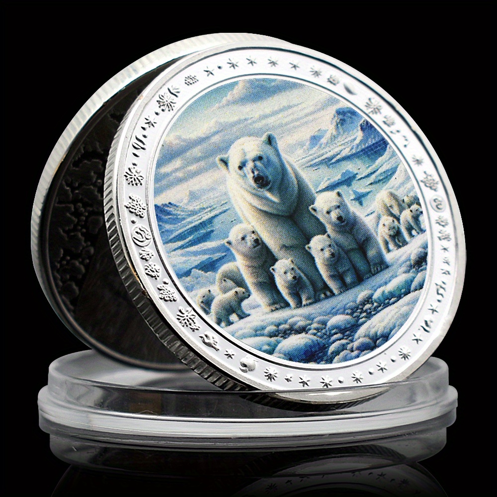 

Polar Bear Family Silvery Commemorative Coins Rare Animal Medal Collect Gifts Home Decoration