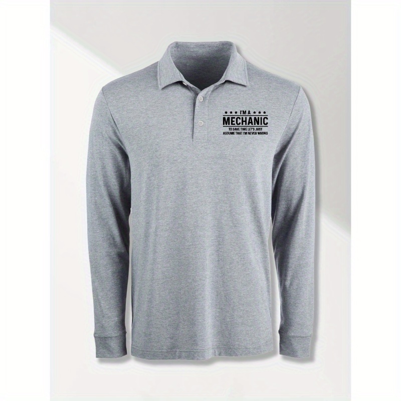 

Plus Size Outdoor Golf Shirt, Men's "mechanic" Graphic Print Shirt For Spring Fall
