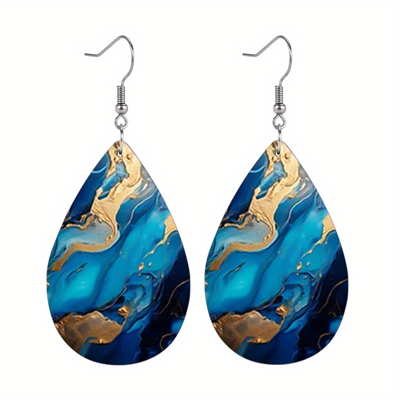 Boucles D'oreilles Pendantes - Métal Doré Et Résine Bleue - Dormeuses - Occasion