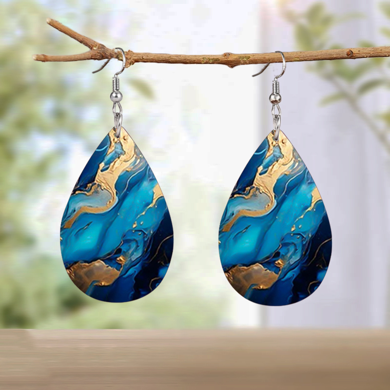 Boucles D'Oreilles Pendantes - Métal Doré Et Résine Bleue - Dormeuses - Occasion