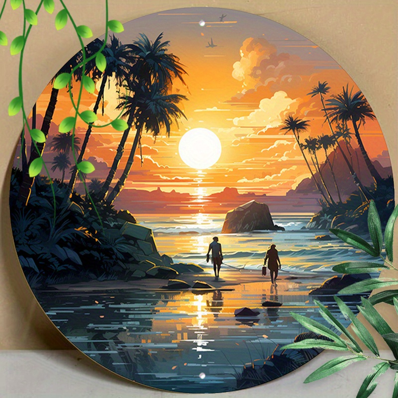 

1pc 8x8inch (20x20cm) Round Aluminum Sign Metal Sign Beach Sign Vintage Tropical Funny Palm Tree Beach Sunset Metal Signs For Beach Wall Decor