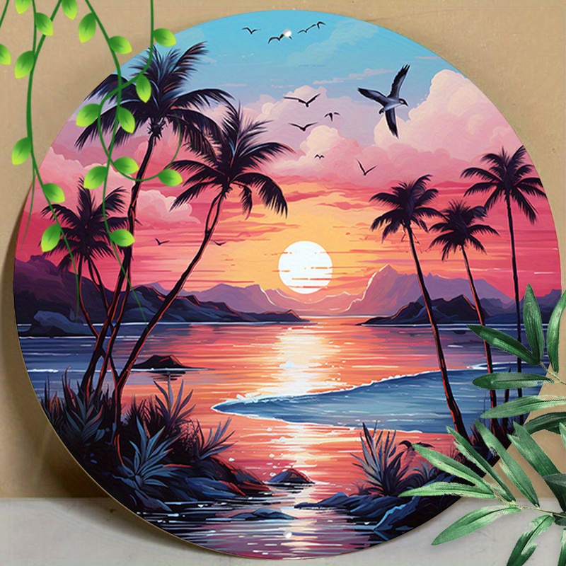 

1pc 8x8inch (20x20cm) Round Aluminum Sign Metal Sign Beach Signs Decor Tropical Palm Tree Beach Sunset Metal Sign For Wall Decor