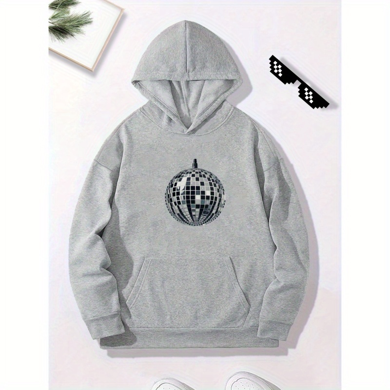 

Disco Ball Print, Men's Trendy Graphic Hoodie With Kangaroo Pocket, Casual Stretchy Breathable Loose Hooded Sweatshirt For Outdoor